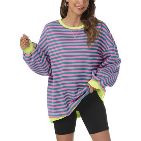 Women's‎ Striped Oversized Sweatshirt, Crewneck Long Sleeve Casual Pullover Y2K - Picture 2 of 7